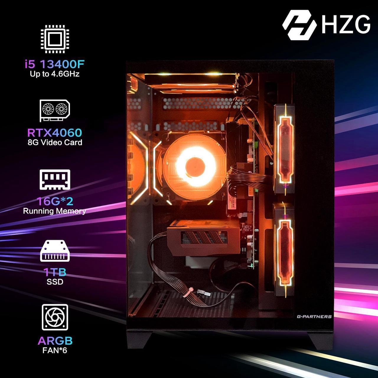 HZG Gaming PC,Intel Core I5-13400F,GeForce RTX 4060, 32GB